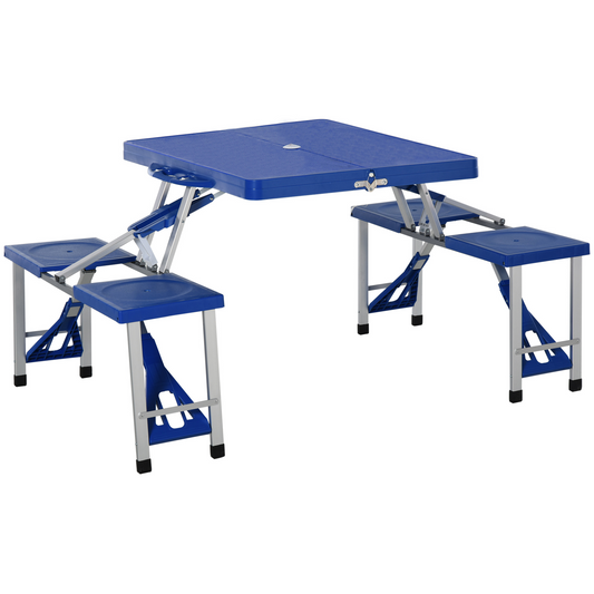 Outsunny Aluminum Picnic Table and Bench Set Camping Garden Party BBQ 4 Chair Stool Table Foldable and Portable - Blue