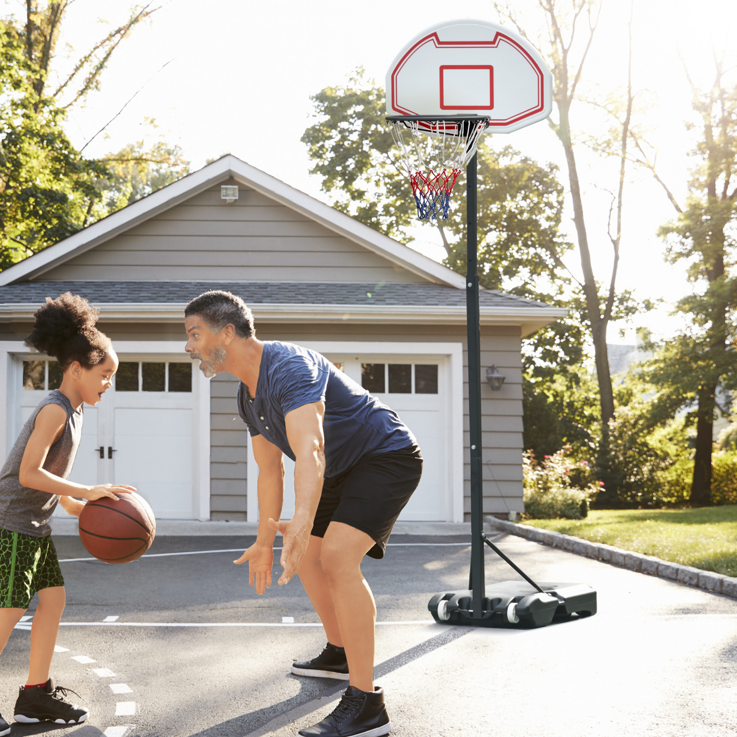 HOMCOM Outdoor Free Standing Basketball Stand Kids Fun Ball Games Net Hoop Garden Sports Backboard Portable Height Adjustable (1.55m-2.1m) w/Wheels