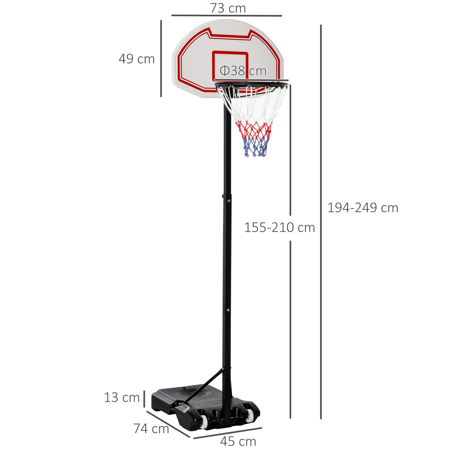 HOMCOM Outdoor Free Standing Basketball Stand Kids Fun Ball Games Net Hoop Garden Sports Backboard Portable Height Adjustable (1.55m-2.1m) w/Wheels