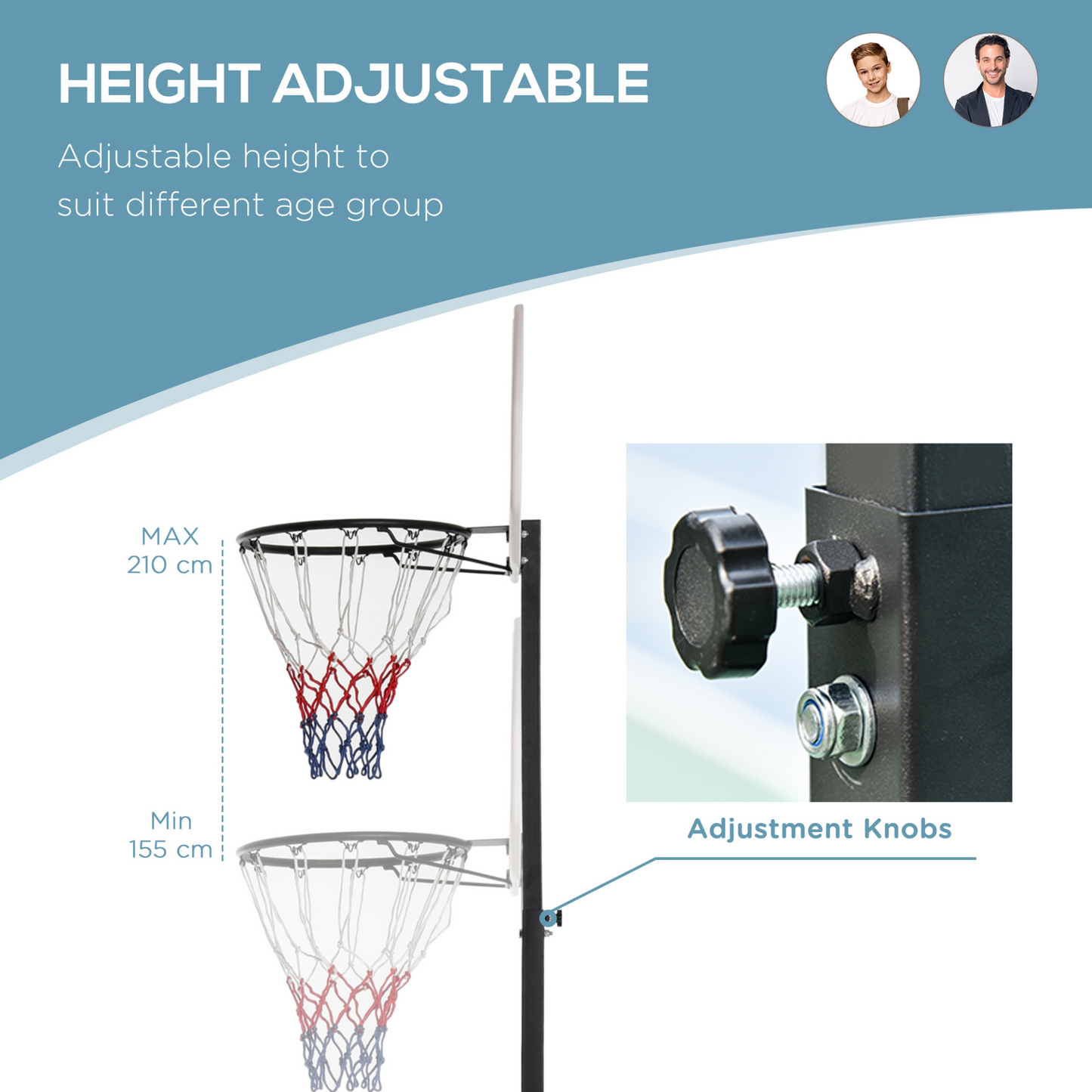 HOMCOM Outdoor Free Standing Basketball Stand Kids Fun Ball Games Net Hoop Garden Sports Backboard Portable Height Adjustable (1.55m-2.1m) w/Wheels