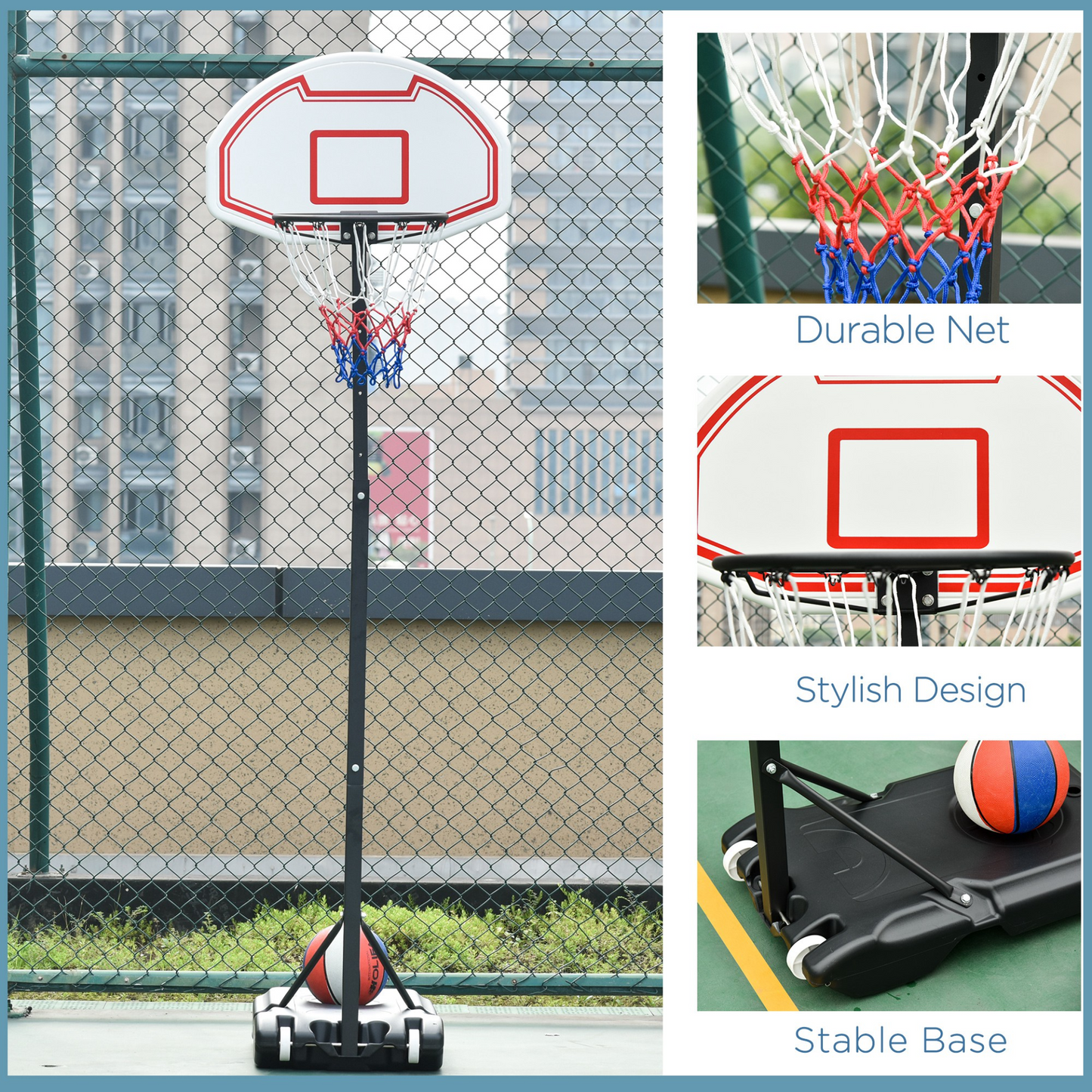 HOMCOM Outdoor Free Standing Basketball Stand Kids Fun Ball Games Net Hoop Garden Sports Backboard Portable Height Adjustable (1.55m-2.1m) w/Wheels