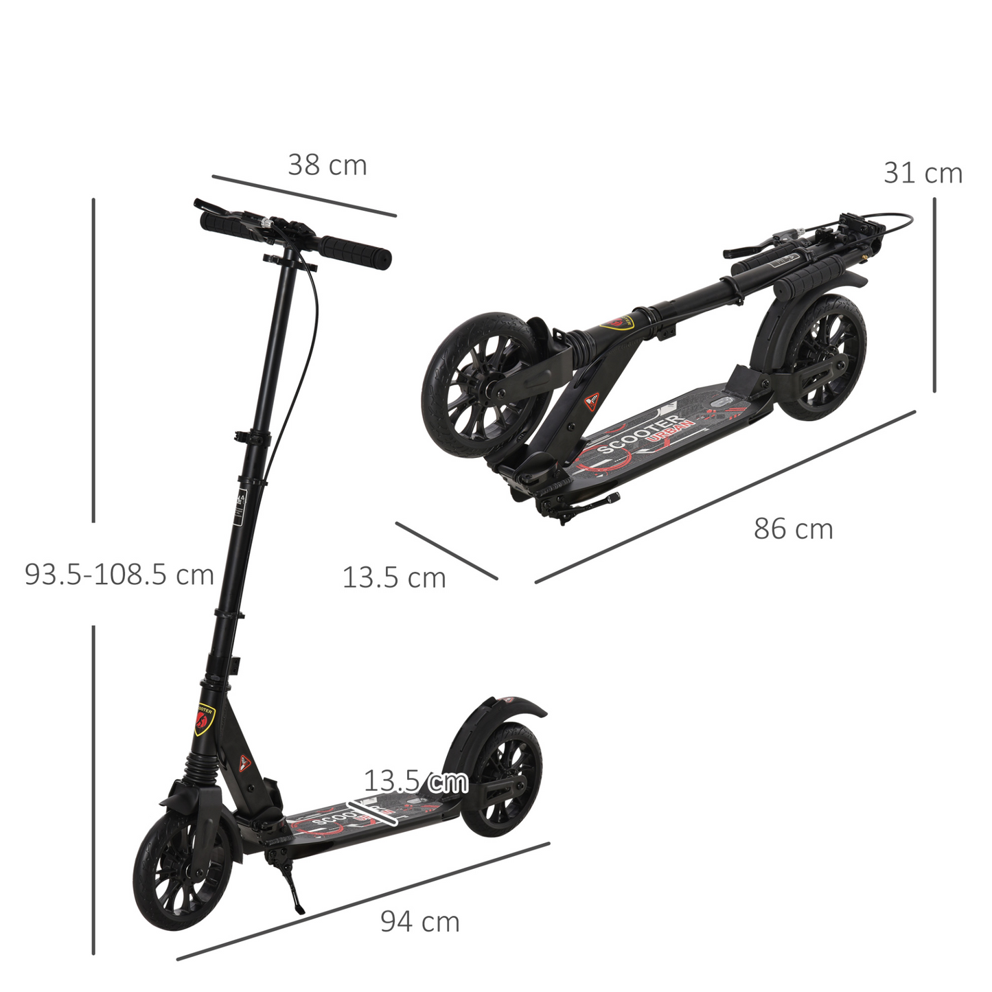 HOMCOM Adult Teens Kick Scooter Foldable Height Adjustable Aluminum Ride On Toy for 14+ with Rear Wheel & Hand Brake, Shock Mitigation System - Black