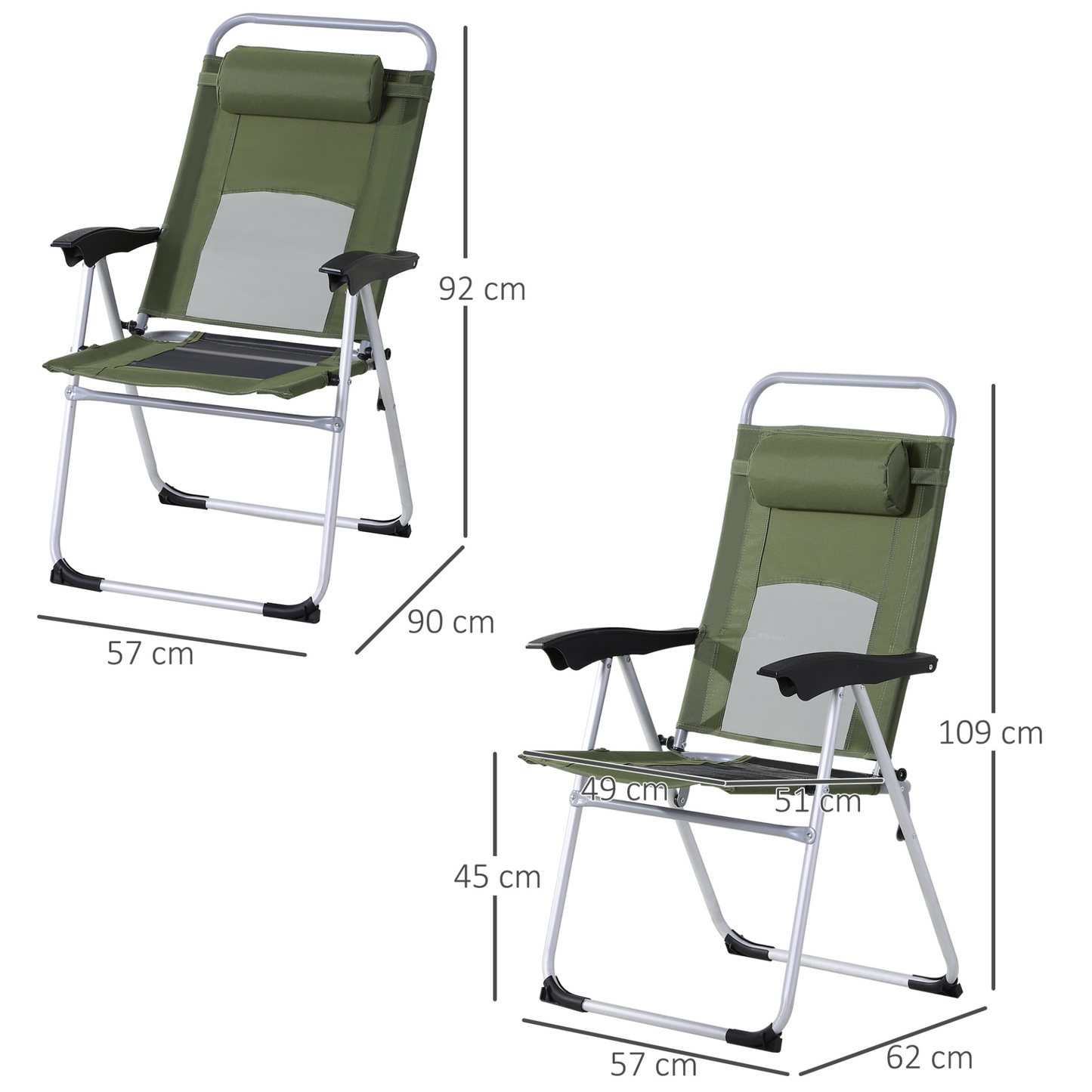 Outsunny Outdoor Garden Folding Chair Patio Armchair 3-Position Adjustable Recliner Reclining Seat with Pillow - Green