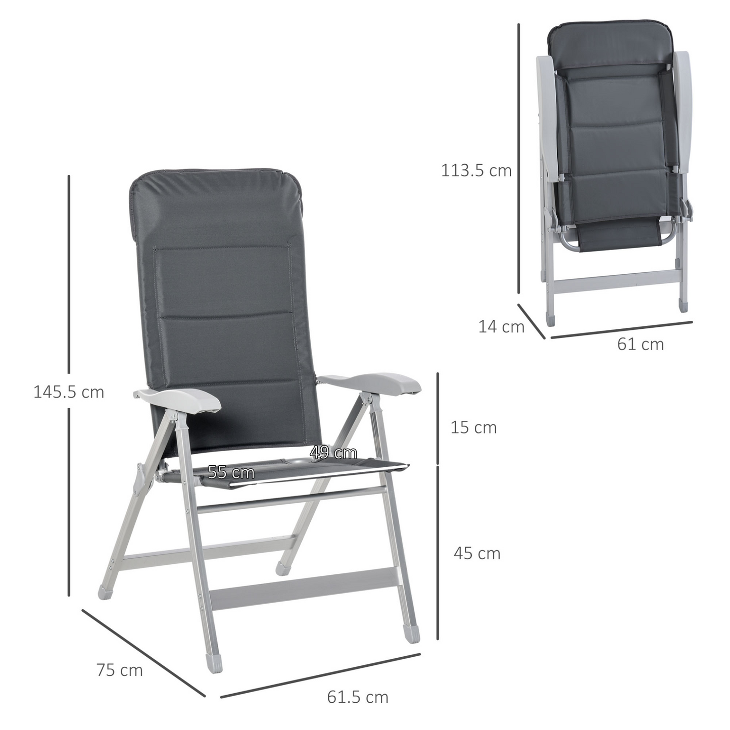 Outsunny Set Of 2 Padded Folding Deck Chair Garden Seats Adjustable Back w/ Armrest Aluminium Frame Portable Camping Outdoor Pool Grey