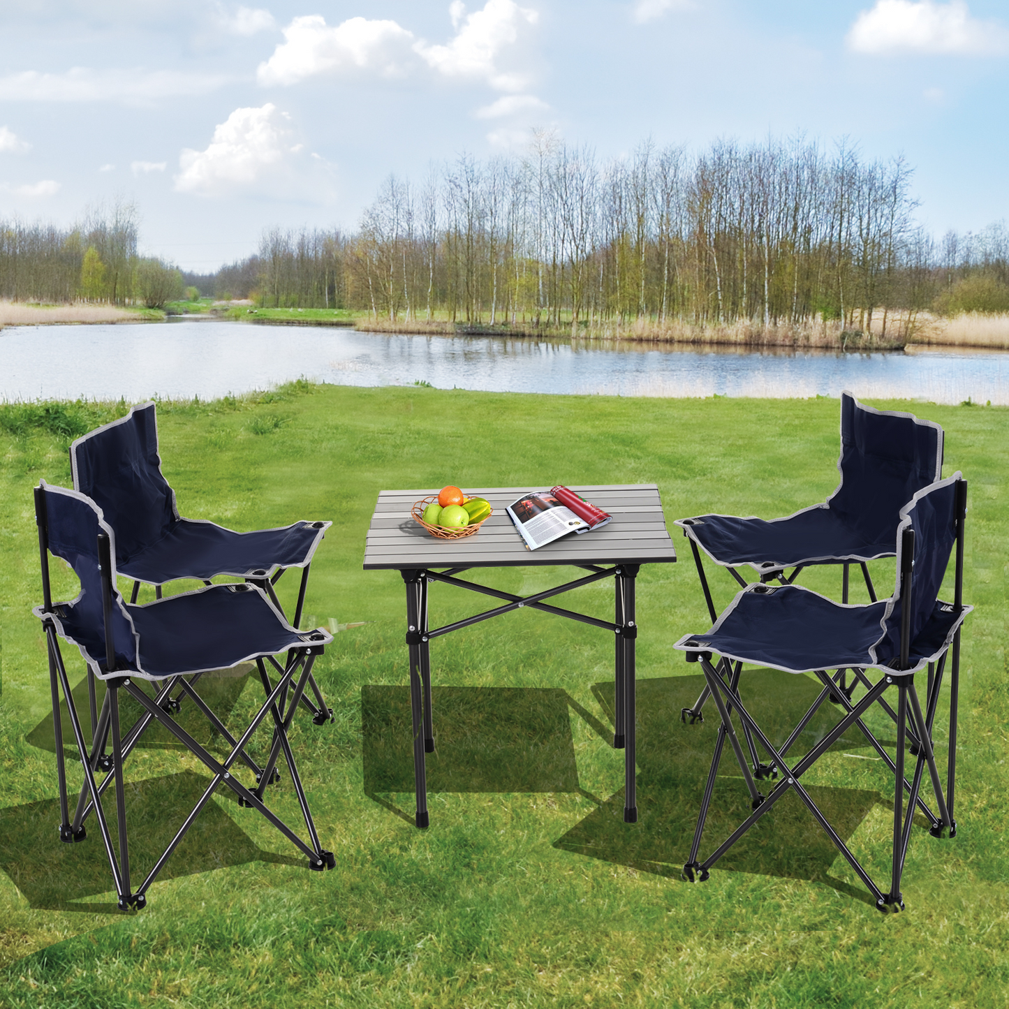 Outsunny 5 Piece Camping Table & Chairs Set with Carrying Bag Foldable Portable Lightweight Compact Aluminium Roll-up Top for picnic