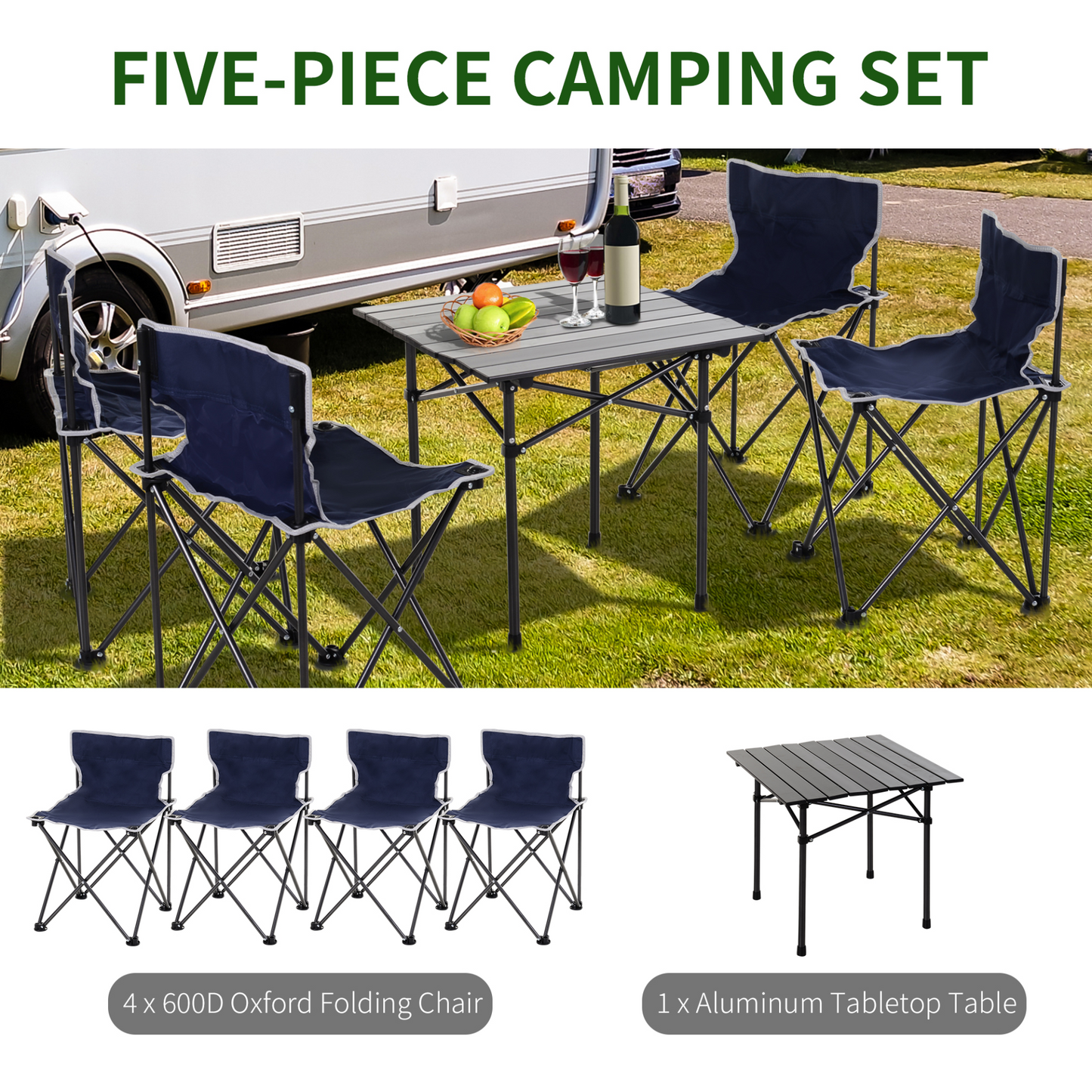 Outsunny 5 Piece Camping Table & Chairs Set with Carrying Bag Foldable Portable Lightweight Compact Aluminium Roll-up Top for picnic